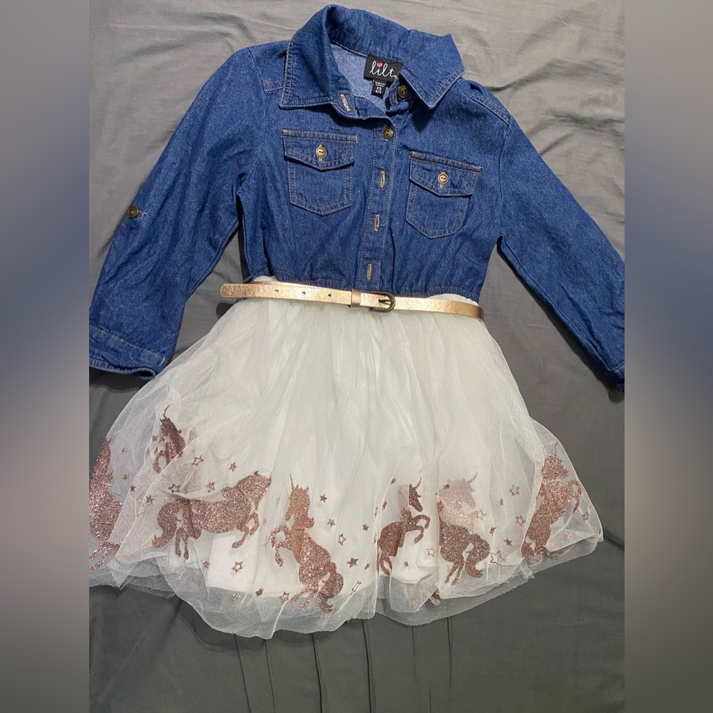 Little girls denim and tulle glitter unicorn dress